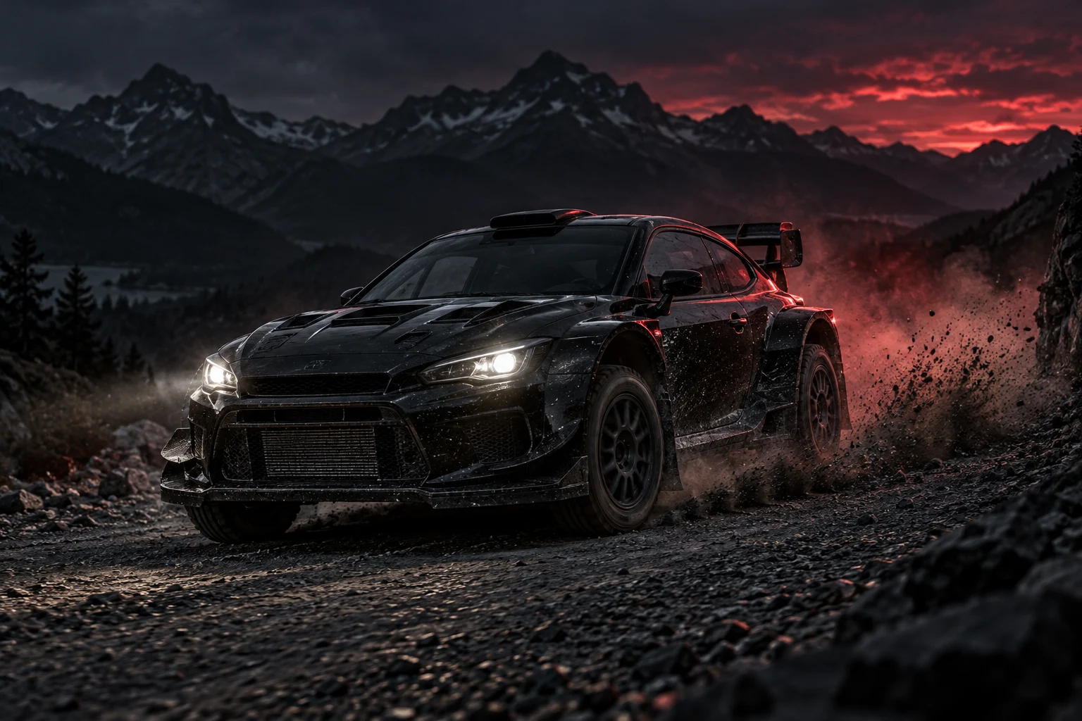 A modified black rally coupe driving through crimson-lit mountain gravel